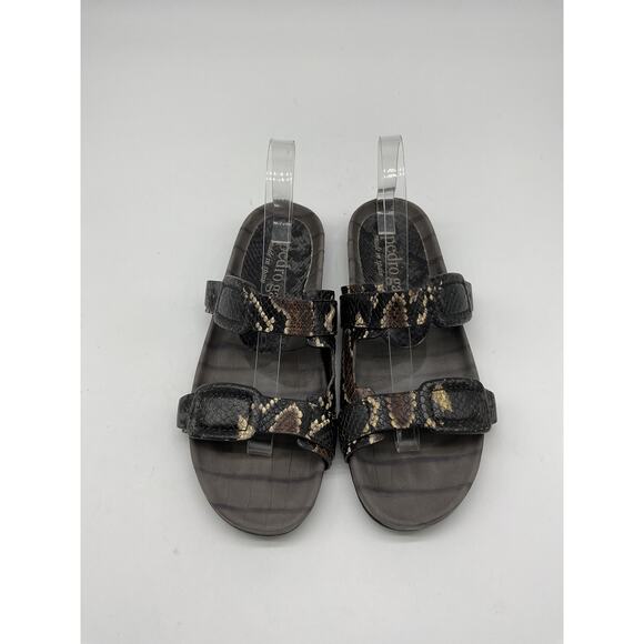 Pedro Garcia 'Arielle' Brown Leather Buckle Snake & Croc Embossed Buckle Slide - Picture 2 of 5